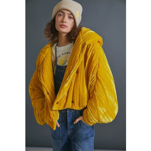 OOF WEAR Womens Velvet Puffer Bomber Jacket Sunflower Golden Yellow Anthro - Picture 3 of 13